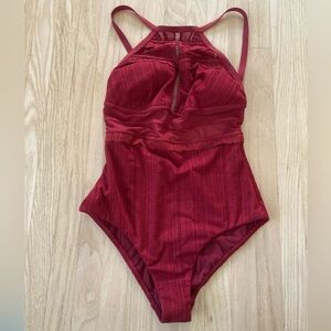 Afriel & Tabbris Elegant Burgundy Open Back One Piece Swimsuit Coquette Lace Fun